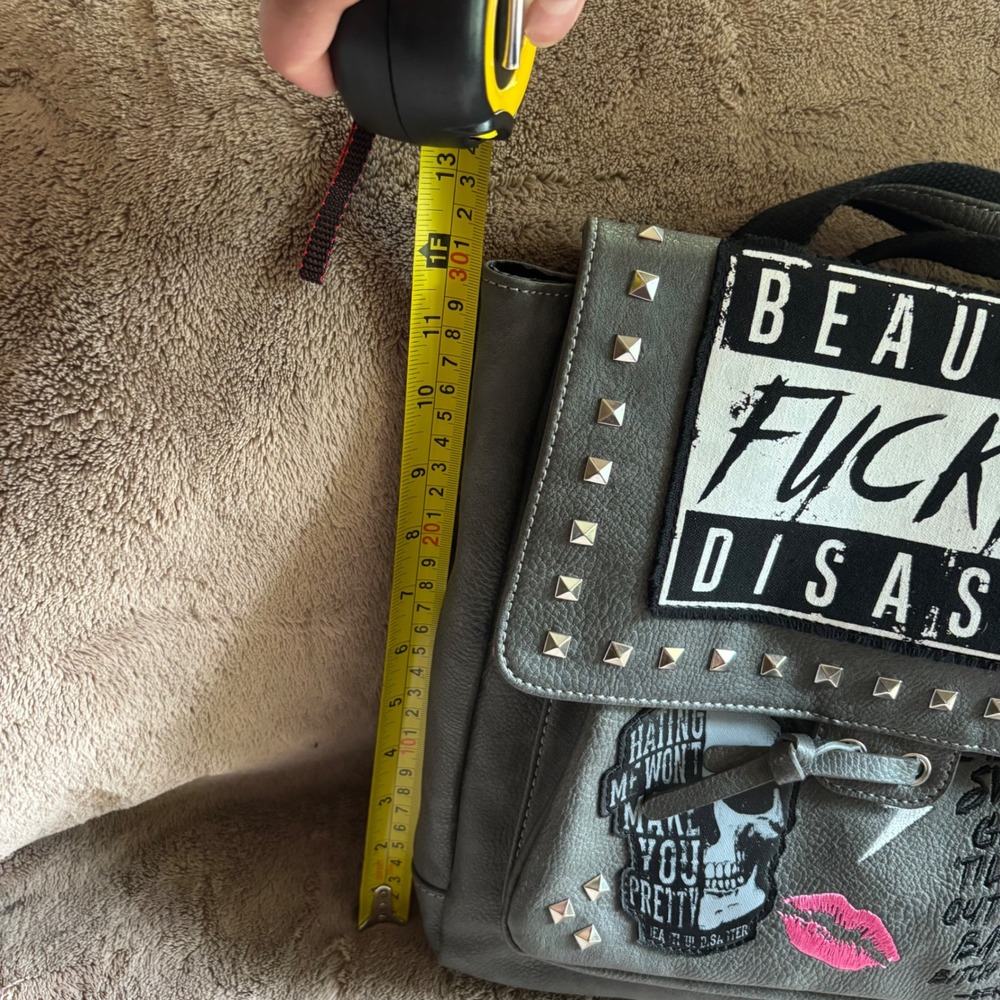 Beautiful Disaster Grey Studded Convertible Backpack Crossbody Bag Skull Punk - Picture 14 of 16